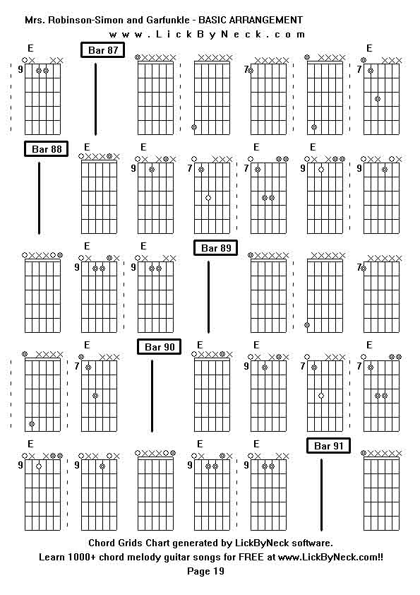 Chord Grids Chart of chord melody fingerstyle guitar song-Mrs Robinson-Simon and Garfunkle - BASIC ARRANGEMENT,generated by LickByNeck software.